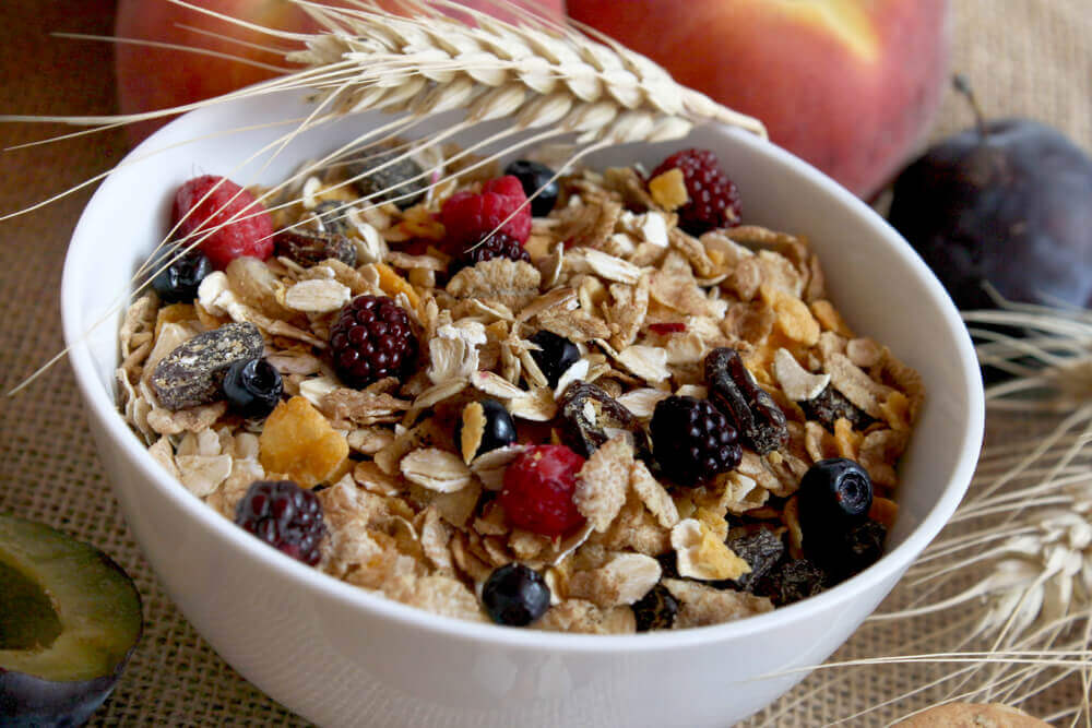 Kohlenhydrate 2 Eine Schüssel voll mit ballaststoffreichen Lebensmitteln, wie Beeren und Haferflocken, Nutrimen Kohlenhydrate